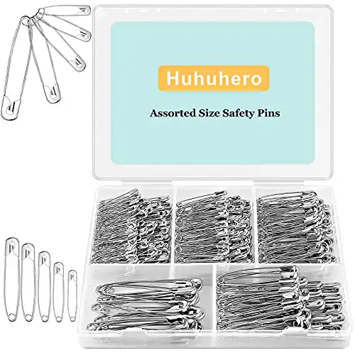 Huhuhero 340 Pack Safety Pins Assorted, 5 Different Sizes Small and Large Pins, Safety Pin for Clothes Costume Sewing, Nickel Plated Steel Bulk, Arts and Crafts Supplies, Silver