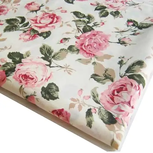 (1 Square Yard Cut) Flower Rose in Sweet Vintage Pink Red Roses Bouquet Wedding, Bunch on Off White Fabric 36 by 36-Inch Wide (1 Square Yard) (Pre-Cut) (FBA-CT146)